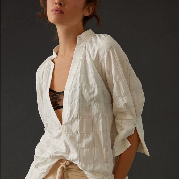 Anthropologie Fluted Sleeve Textured Cotton Blouse - Picture 4 of 8